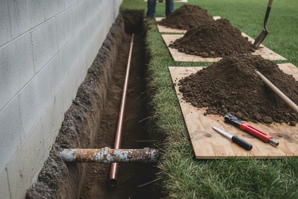 Excavated water line trench during Water Heater Repair in Cades